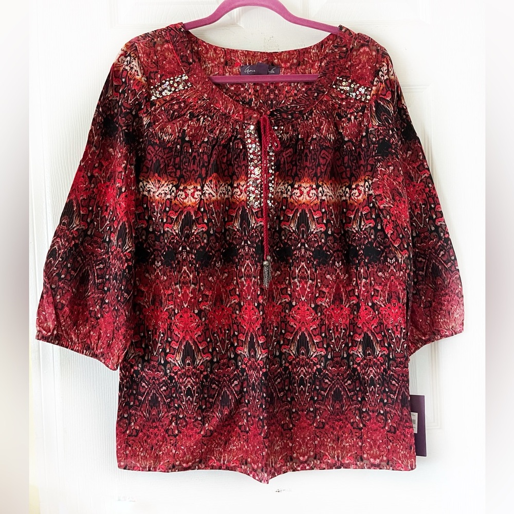 New Gloria Vanderbilt‎ 100%Cotton 3/4 Sleeves lace up Top tunic Women’s Sz L